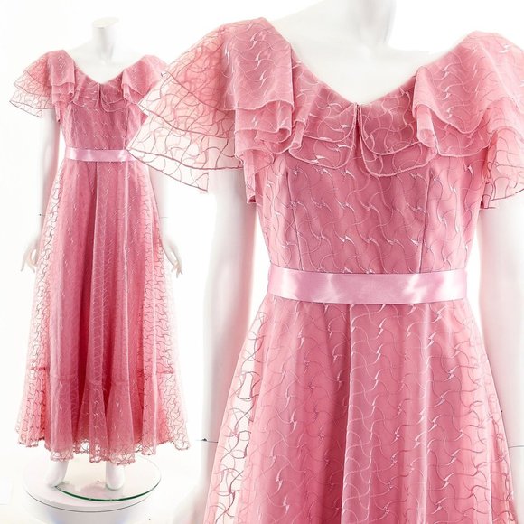 Raspberry Pink Sheer Ruffle Dress,Sheer Lace PInk Gown,60s Gone with the Wind St - Picture 2 of 10